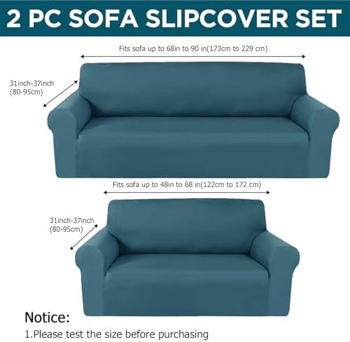 Peryiter 2 Pcs Couch and Loveseat Sofa Covers, Peacock Blue, Milk Silk - Image 2