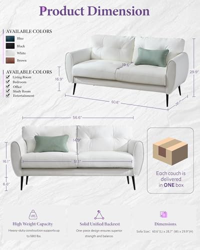 61'' White Faux Leather Loveseat, Small Tufted Couch - Image 2