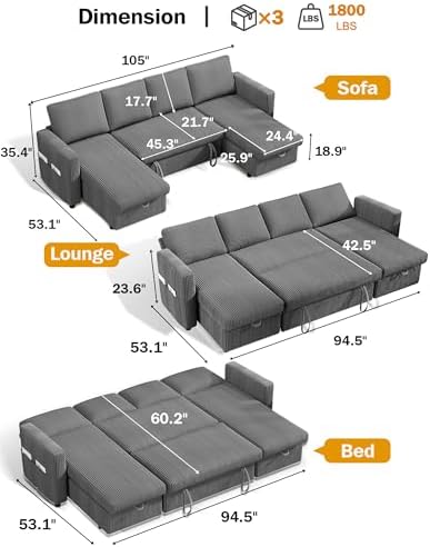 Vipbear 104" Sectional Sleeper Sofa Bed - Image 3