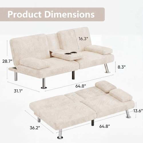 Flamaker Futon Sofa Bed, Modern Corduroy Convertible Folding Futon Set - Image 3