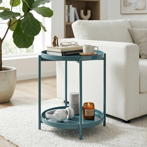 TeoKJ 2 Tier Round Side Table, Folding Round Metal End Table Small Nightstand - Image 4
