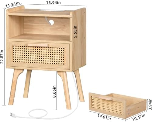 Lerliuo Rattan Nightstand with Charging Station, Boho Night Stand - Image 3