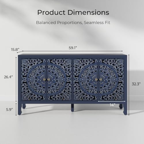 Buffet Cabinet with Storage, Accent Cabinet with 4 Carved Doors, Solid Wood - Image 2