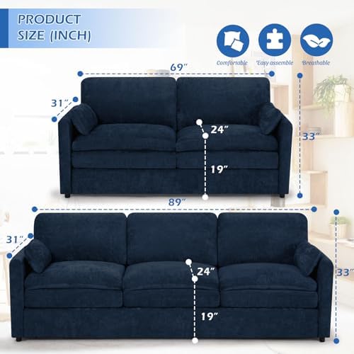 Chenille 2-Seater & 3-Seater Sofa Set w/Two Arm Pillows - Image 2