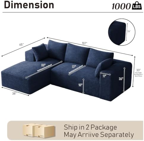 ONEMMLION 107" L-Shaped Cloud Boneless Couch Sofa - Image 2