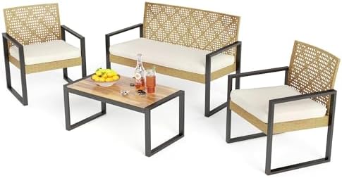 PHI VILLA 4 Piece Yellow Wicker Patio Furniture Set by PHIVILLA