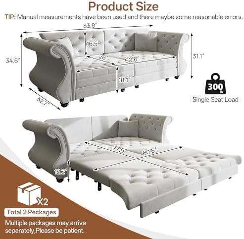 83.8" Velvet Pull-Out Chesterfield Sleeper Sofa Bed, Light Grey - Image 2