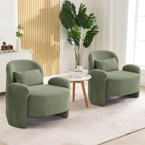 LOULENS Accent Chair Set of 2, Linen Fabric Lounge Armchair, Dark Green by LOULENS