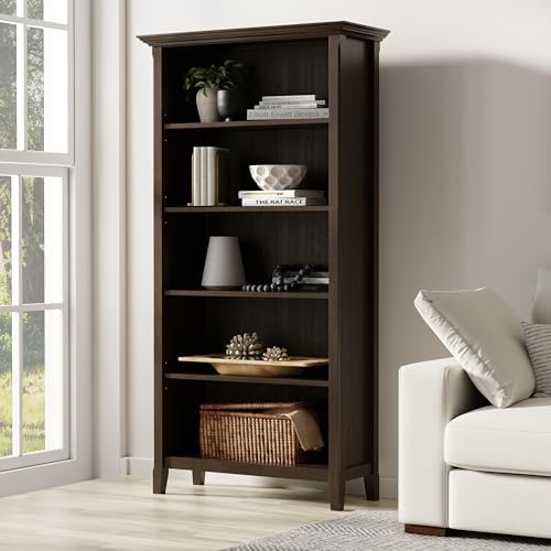 SIMPLIHOME Amherst 70" Tall Solid Wood 5-Shelf Bookcase in Hickory Brown - Image 2