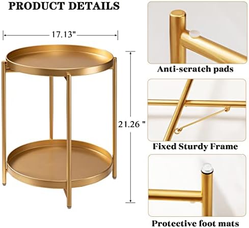 TeoKJ 2 Tier Gold Side Table, Folding Round Metal End Table Small Nightstand - Image 3