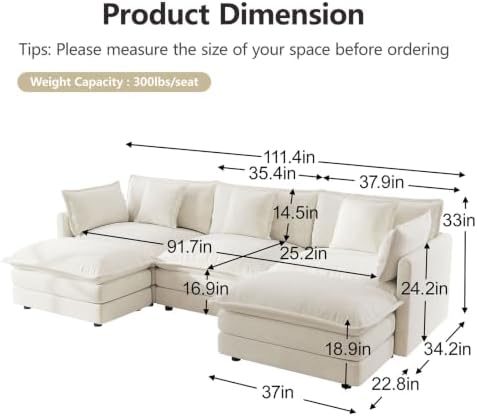 GNIXUU 112" Beige Modular U Shaped Cloud Sectional Couches - Image 2