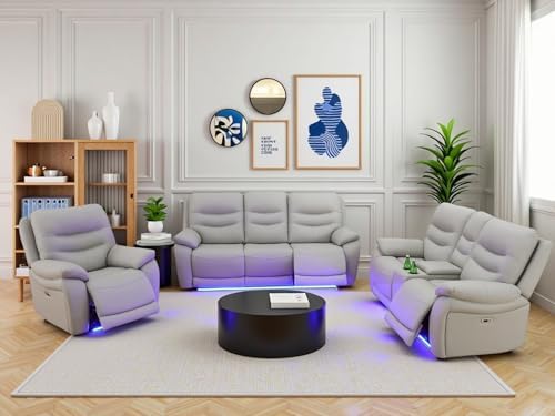 Power Recliner Sofa Set with LED Lights, Air Leather Reclining Sofa with Charge by Unknown