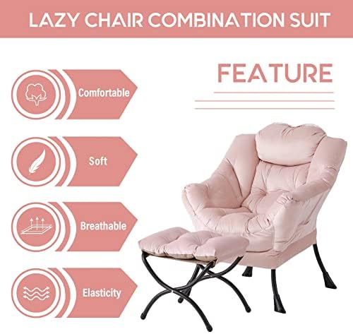 LITA Lazy Chair with Ottoman, Comfy Accent Reading Chair, Velvet Pink - Image 5