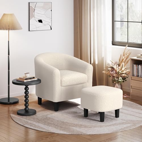 Yaheetech Accent Chairs with Ottoman, Boucle Fabric Barrel Chairs - Image 2