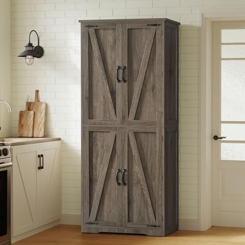 Tall Pantry Cabinet with 4 Doors & 2 Adjustable Shelves, Kitchen Cabinet by TEENFON
