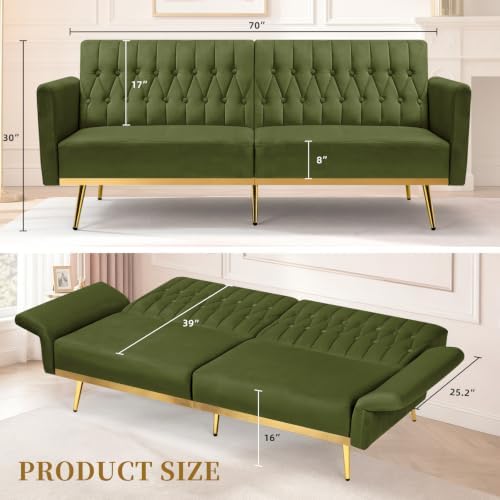70” Velvet Futon Sofa Bed w/Adjustable Armrests, Olive Green - Image 3