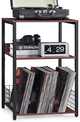 LELELINKY Walnut Oak 18" Wide End Table, 3 Tier Large Record Player Stand by LELELINKY