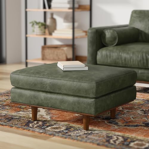 SIMPLIHOME Morrison 33" Wide Genuine Leather Ottoman in Moss Green - Image 2