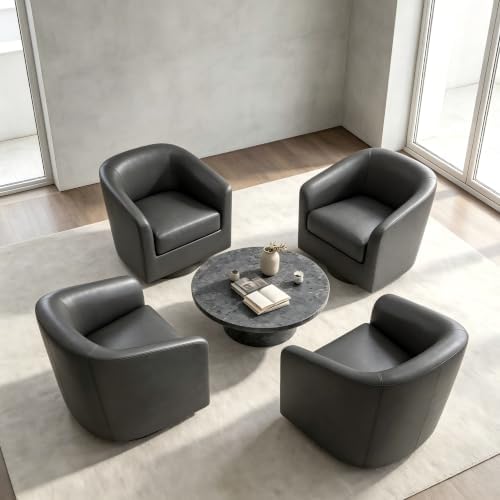 Pia Ricco Set of 4 Faux Leather 360° Swivel Barrel Accent Chair Black by PiaRicco