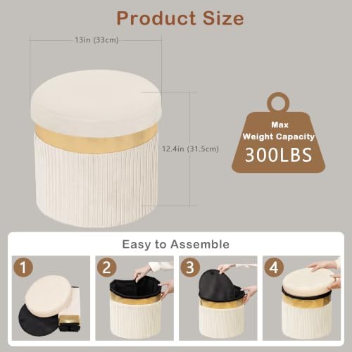 xuperbonus Small Ottoman with Storage, Folding Round Ottoman with Gold Trim - Image 3