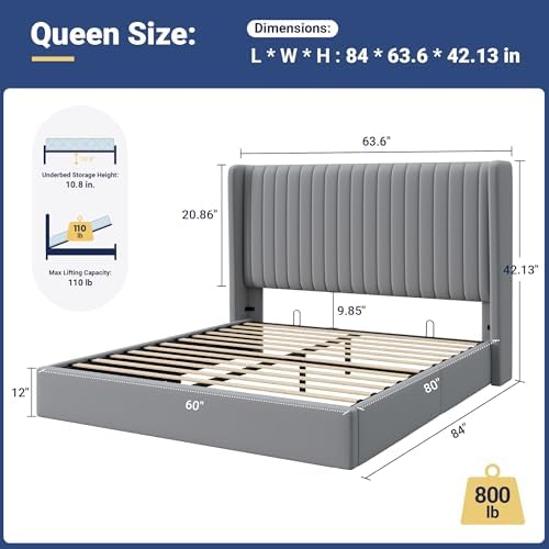 Allewie Queen Size Lift Up Storage Bed Frame Channel Tufted Headboard Grey - Image 2