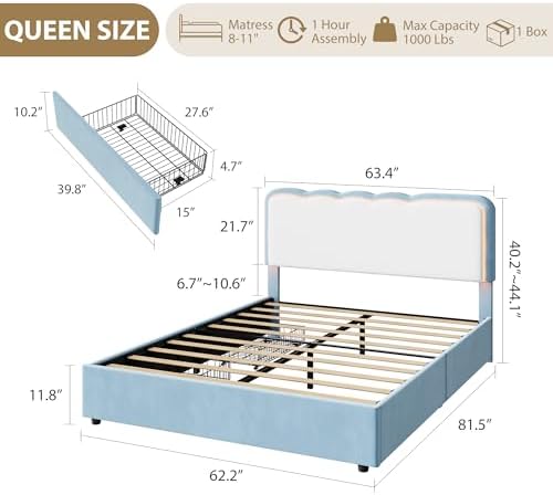 IDEALHOUSE Queen LED Bed, 2 Drawer Trundle, Light Blue Wave Headboard - Image 2