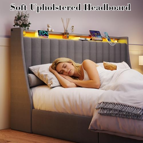 Queen Size Bed Frame with Upholstered Storage Headboard and 2 Drawers - Image 5