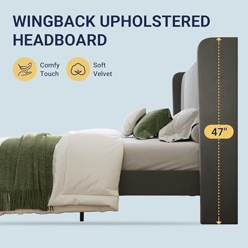 Allewie Full Size Velvet Platform Bed Frame, Tall Wingback Headboard - Image 6