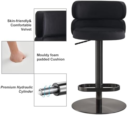 Modern Velvet Bar Stool, Swivel Adjustable Height Kitchen Counter Stool - Image 3