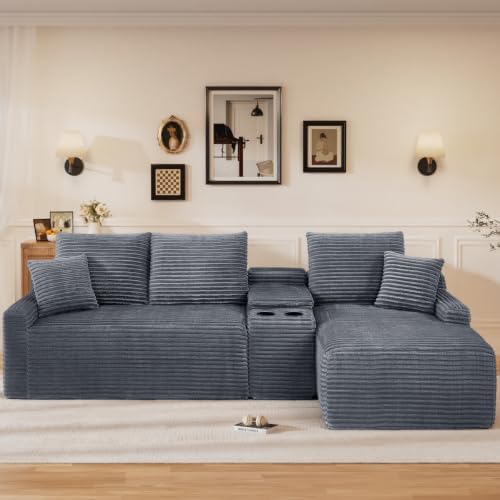95" L Shaped Cloud Couch Modular Sectional Sofa, Comfy Fluffy Corduroy Grey by Flyida