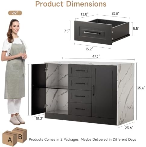 ONBRILL Kitchen Island with 2 Storage Cabinets & 4 Drawers - Image 2