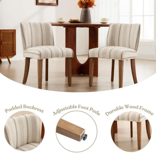 Farmhouse Dining Chairs Set of 4 Khaki Stripe Upholstered Linen Kitchen Chairs - Image 4
