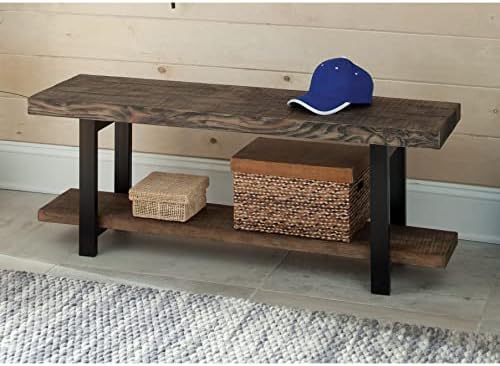 Reclaimed Wood Bench with Shelf Brown Solid Farmhouse Rustic Metal Natural - Image 4