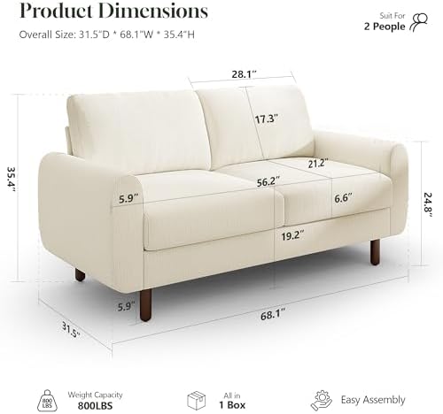 WorthFurni 68" Loveseat Sofa, Comfy Chenille Fabric Couches - Image 2