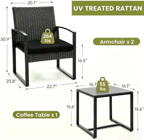 Murago 3-Piece Wicker Patio Bistro Set, Outdoor Conversation Set - Image 2