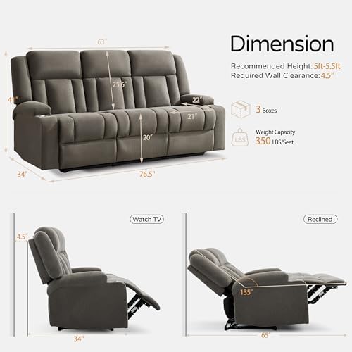Recliner Sofa with Cup Holders, 3-Seater Fabric Reclining Couch, Manual - Image 2