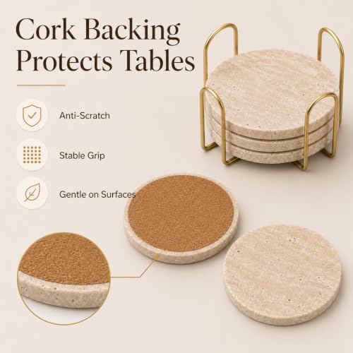 Travertine Coasters with Gold Holder, Cork Backing - Image 3