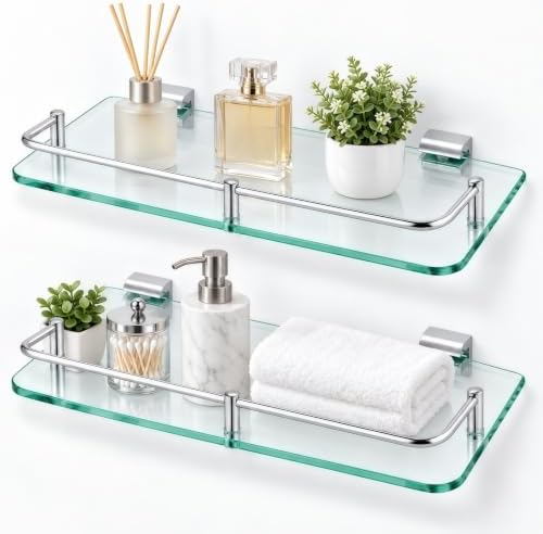 2 Pack Bathroom Glass Shelf, 15.7in Wall Mount Modern Floating Shelf by Unknown