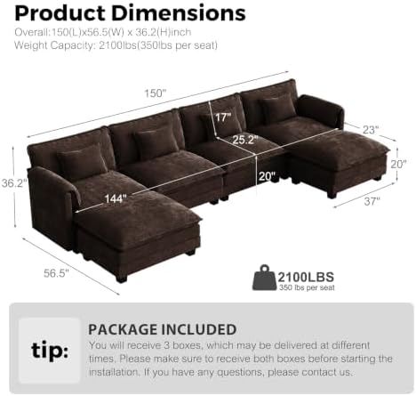 ELUCHANG 150" Oversized Modular Sectional Sofa, Comfy U Shaped Cloud Couch - Image 2