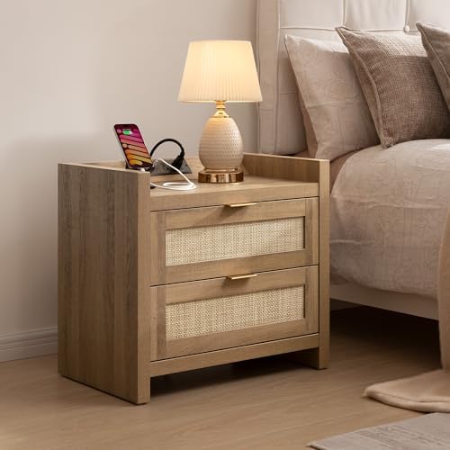 SICOTAS Night Stand with 2 Large Drawers : Rattan Bedside Table - Image 6