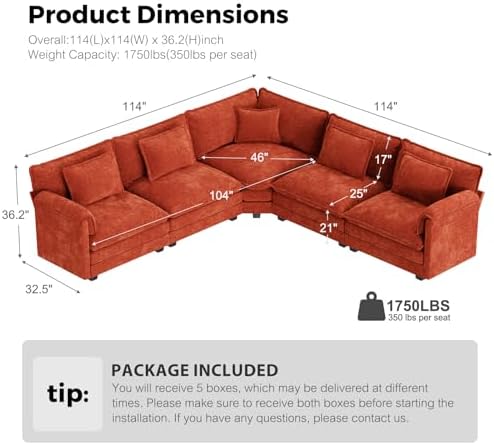 ELUCHANG 114" Oversized V Shaped Modular Sectional Sofa Couch, Comfy Cloud Couch - Image 2