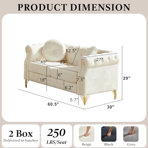 61" Beige Velvet Chesterfield Loveseat Sofa - Image 2