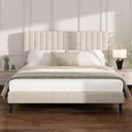 Queen Velvet Bed Frame with Vertical Channel Tufted Headboard Beige by Mxhtcewz