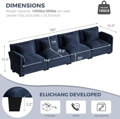 ELUCHANG 153" Oversized Modular Sectional Sofa, Comfy Chenille Cloud Couch - Image 2