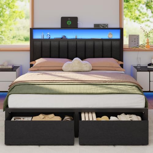 Furnulem Queen Bed Frame with Storage Drawers and Upholstered Headboard by Furnulem