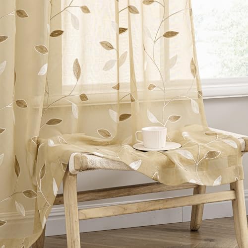 MIULEE Beige Sheer Curtains 2 Panels Embroidered Leaf Patterned, W52 x L84 by MIULEE