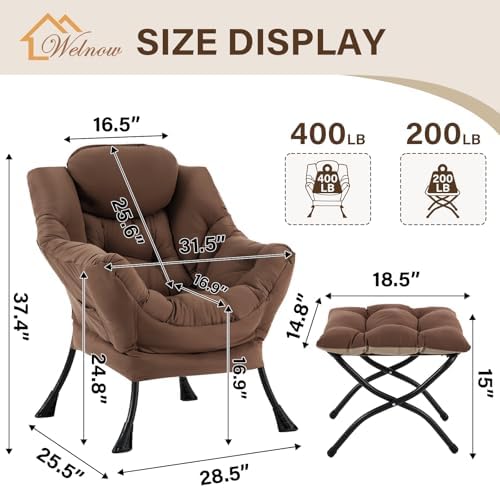 Welnow Lazy Chair with Ottoman, Reading Chair with Footrest, Dark Brown - Image 3