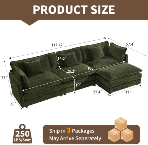 Tmsan 111.42" Green Cloud Sectional Couch w/Ottoman, 3 Seater L Shape Sofa - Image 2