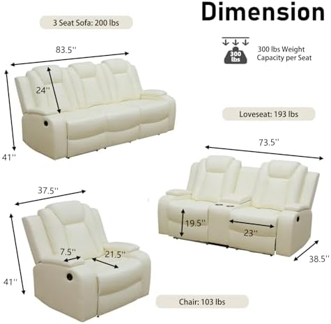 Power Recliner Sofa Set, Breathing Leather Reclining Couch Set, Leather - Image 2