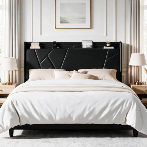 Garvee Full Bed Frame with Storage Shelf and Upholstered Headboard by Garvee